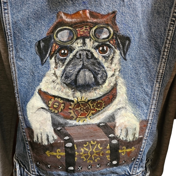 Steampunk Pug Dog Handpainted On a Hooded Denim Jean Jacket With Fleece Sleeves - Picture 2 of 5